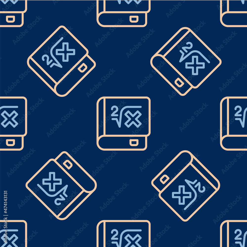 Line Book with word mathematics icon isolated seamless pattern on blue background. Math book. Education concept about back to school. Vector Line Book with word mathematics icon isolated seamless pattern on blue background. Math book. Education concept about back to school. Vector
