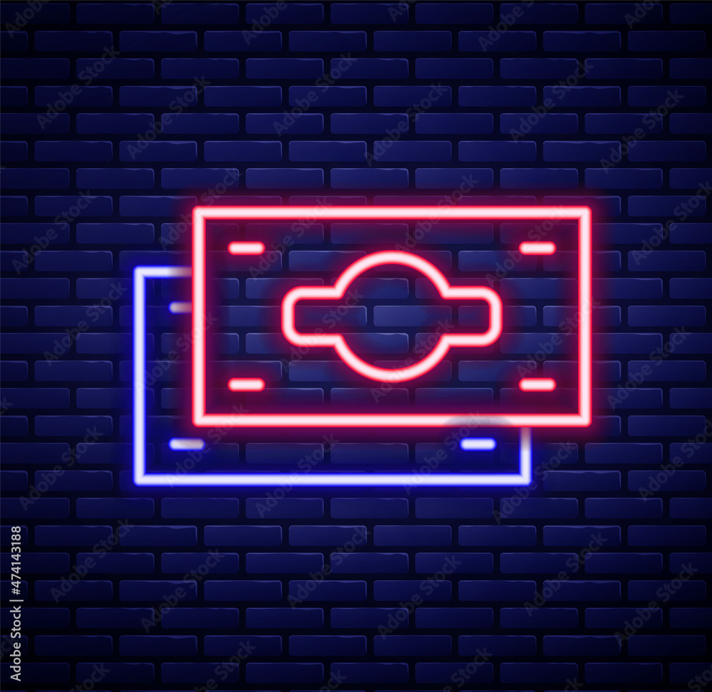 Glowing neon line Stacks paper money cash icon isolated on brick wall background. Money banknotes stacks. Bill currency. Colorful outline concept. Vector Glowing neon line Stacks paper money cash icon isolated on brick wall background. Money banknotes stacks. Bill currency. Colorful outline concept. Vector
