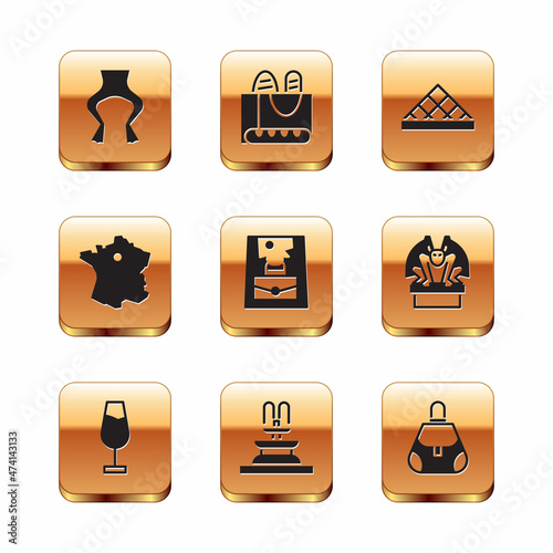 Set Frog legs, Wine glass, Fountain, Handbag, Map of France, Louvre museum, and French baguette bread icon. Vector