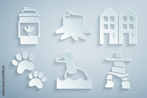 Set Flying duck, House, Paw print, Inukshuk, Tree stump and Coffee cup to go icon. Vector