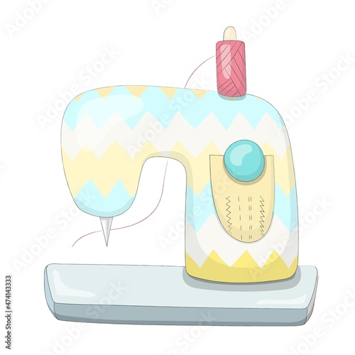 Nice cartoon sewing machine with very cute delicate colors for a fairy-tale character or doll. Baby picture. Doll toy house. Hand drawn vector illustration