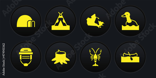 Set Hockey helmet, Flying duck, Tree stump, Lobster, Canada map, Indian teepee or wigwam, Kayak canoe and Igloo ice house icon. Vector