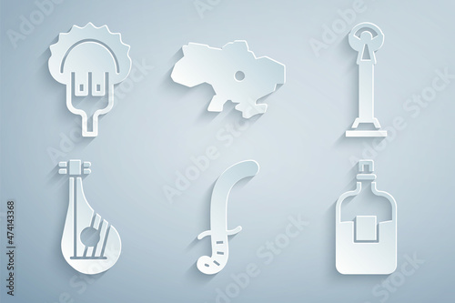 Set Medieval sword, Monument of Independence, Bandura, Bottle vodka, Map Ukraine and Dumplings fork icon. Vector