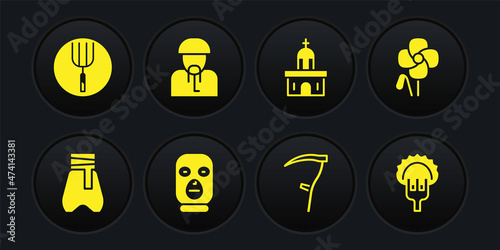 Set Cossack pants, Poppy flower, Thief mask, Scythe, Church building, Ukrainian cossack, Dumplings on fork and Garden pitchfork icon. Vector