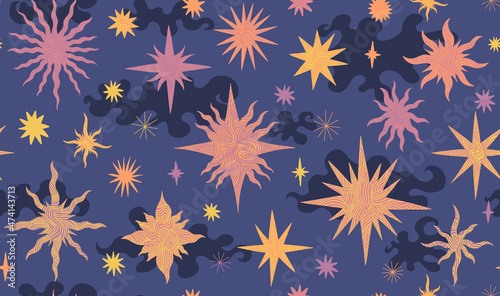 Set star celestial seamless pattern background. Drawing element collection flat cartoon. Space sky abstract.
