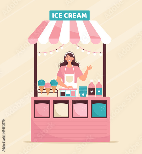 Street trade, ice cream counter. Happy smiling woman selling ice cream at a kiosk. A counter with products on the market. Vector cartoon illustration