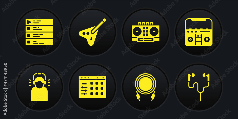 Set Man in headphones, Home stereo with speakers, Drum machine, Audio jack, DJ remote and mixing music, Electric bass guitar, Air and Music playlist icon. Vector