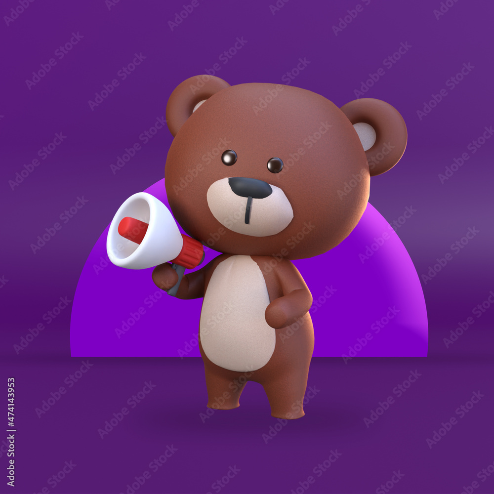 3d rendering of cute bear character holding megaphone marketing illustration 3d rendering of cute bear character holding megaphone marketing illustration