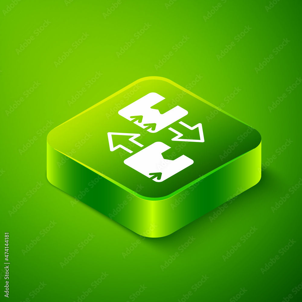 Isometric Cardboard box with traffic symbol icon isolated on green background. Box, package, parcel sign. Delivery, transportation and shipping. Green square button. Vector Isometric Cardboard box with traffic symbol icon isolated on green background. Box, package, parcel sign. Delivery, transportation and shipping. Green square button. Vector