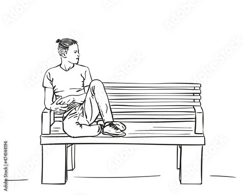 Sketch of man sitting on bench with feet up on bench and hipster haircut, Hand drawn vector linear illustration isolated on white background