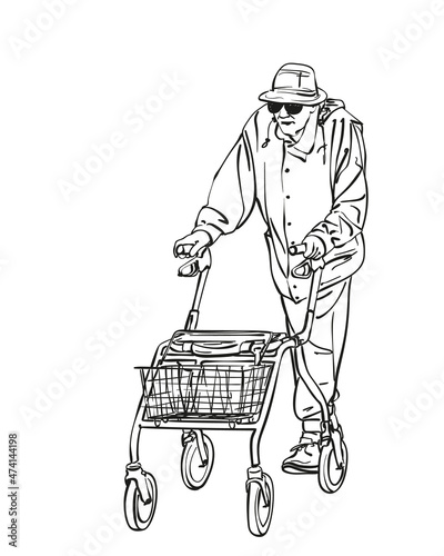 A smiling elderly woman standing with her walker isolated on white background