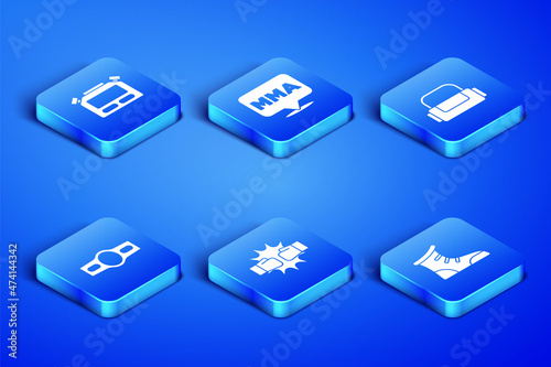 Set Sport boxing shoes, Stopwatch, Punch gloves, Boxing belt, Fight club MMA and bag icon. Vector
