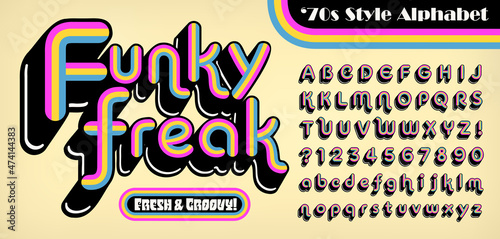 A rainbow striped 1970s style funky retro alphabet. This rounded font has a long black shadow with white highlights. Great seventies vibe, stylish and groovy. photo
