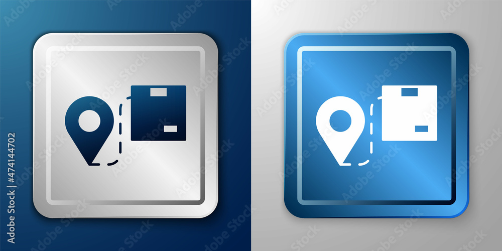 White Location with cardboard box icon isolated on blue and grey background. Delivery services, logistic and transportation, distribution. Silver and blue square button. Vector White Location with cardboard box icon isolated on blue and grey background. Delivery services, logistic and transportation, distribution. Silver and blue square button. Vector