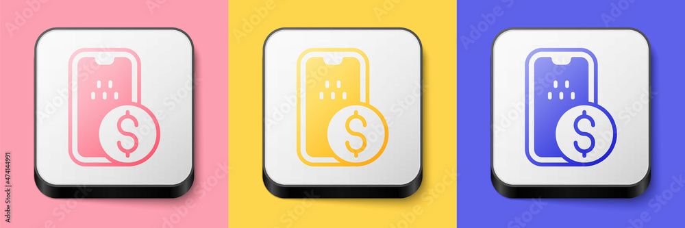 Isometric Mobile banking icon isolated on pink, yellow and blue background. Transfer money through mobile banking on the mobile phone screen. Square button. Vector Isometric Mobile banking icon isolated on pink, yellow and blue background. Transfer money through mobile banking on the mobile phone screen. Square button. Vector