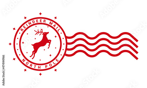Reindeer mail - North pole. Round stamp design template. Christmas decorative element for handmade gifts with text and cute deer silhouette. Vector illustration on white background.