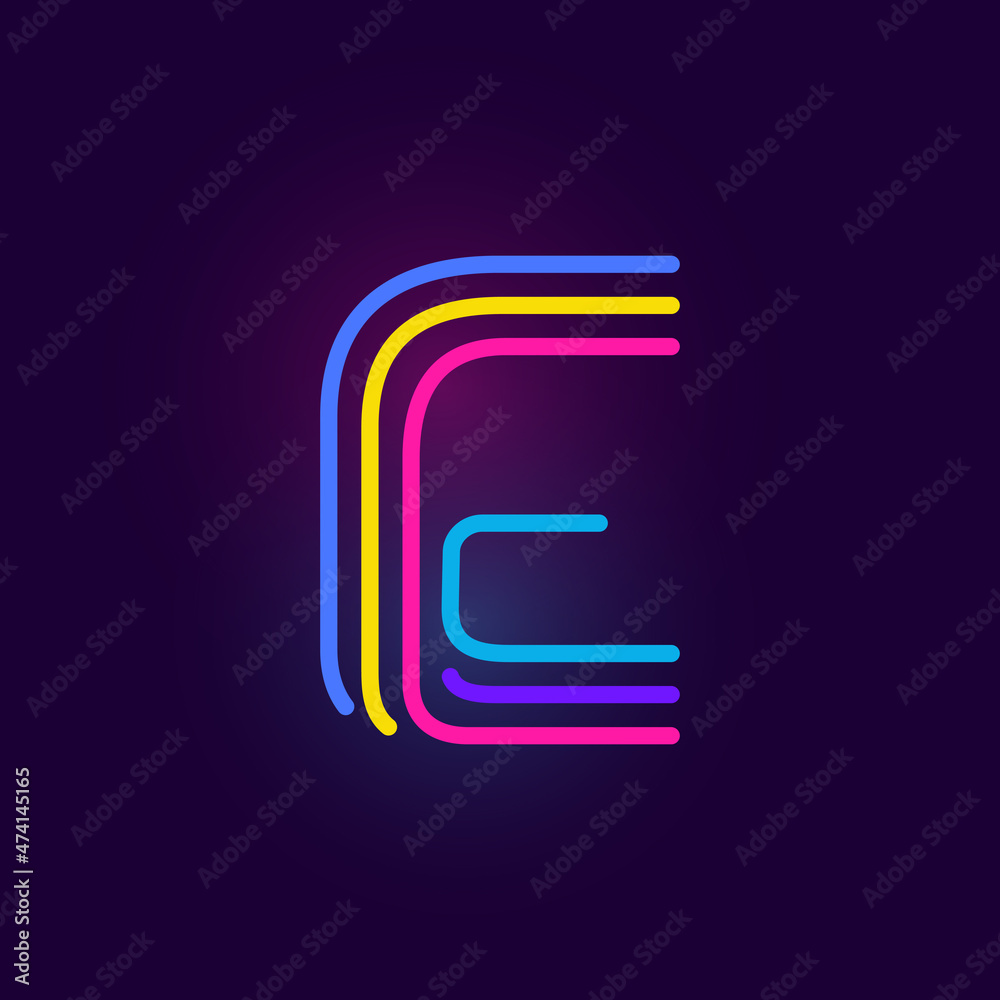 E letter logo is made of three neon lines. Vector font with glowing effect. E letter logo is made of three neon lines. Vector font with glowing effect.