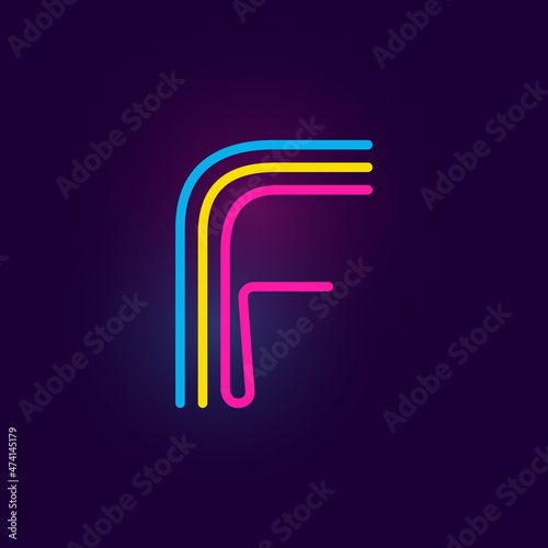 F letter logo is made of three neon lines. Vector font with glowing effect.