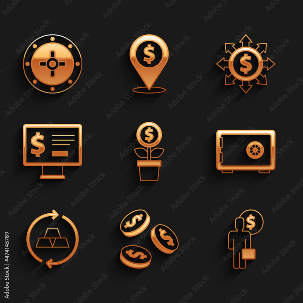 Set Dollar plant, Coin money with dollar, Business man planning mind, Safe, Gold bars, Monitor, Dollar, share, network and icon. Vector Set Dollar plant, Coin money with dollar, Business man planning mind, Safe, Gold bars, Monitor, Dollar, share, network and icon. Vector