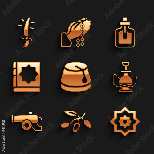 Set Turkish hat, Date fruit, Octagonal star, Hookah, Ramadan cannon, Holy book of Koran, Perfume and Arabian saber icon. Vector