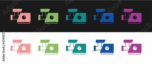 Set Kitchen meat grinder icon isolated on black and white background. Vector