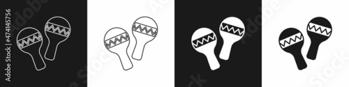 Set Maracas icon isolated on black and white background. Music maracas instrument mexico. Vector