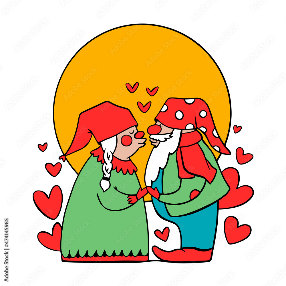 KIssing couple of gnomes. Valentines day design with gnomes. Scandinavian illustration. KIssing couple of gnomes. Valentines day design with gnomes. Scandinavian illustration.
