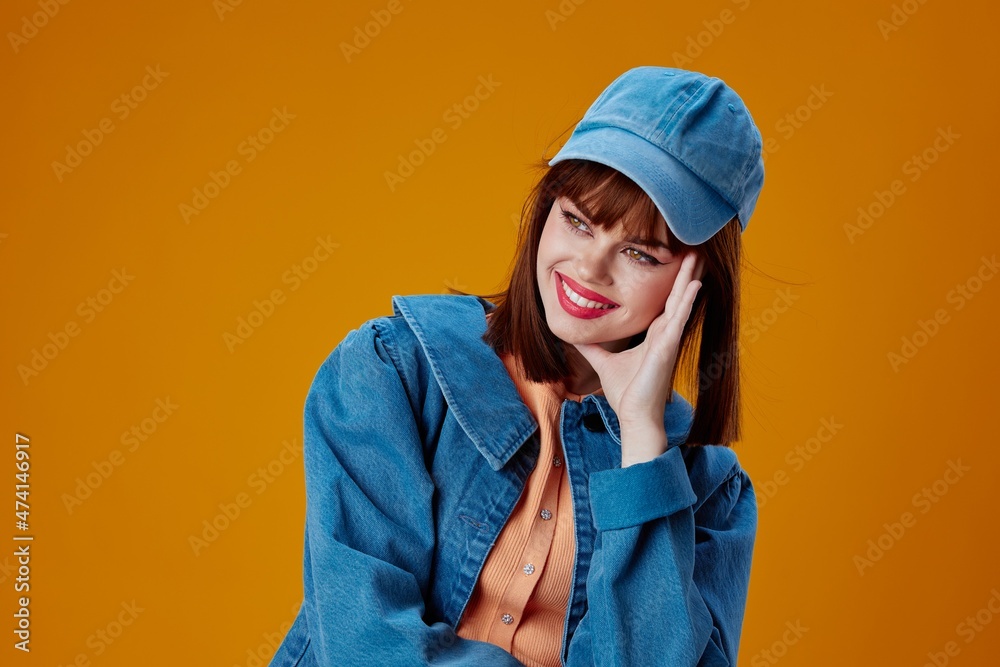Beauty Fashion woman denim cap red lips glamor fashion studio model unaltered Beauty Fashion woman denim cap red lips glamor fashion studio model unaltered