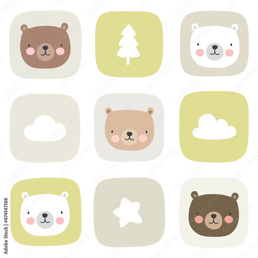 Cute teddy bear seamless pattern, hand drawn forest background with cloud moon and star, vector illustration