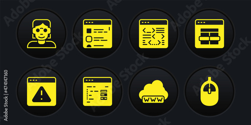 Set Browser with exclamation mark, MySQL code, Software, Web development, files, Computer mouse and Hacker or coder icon. Vector