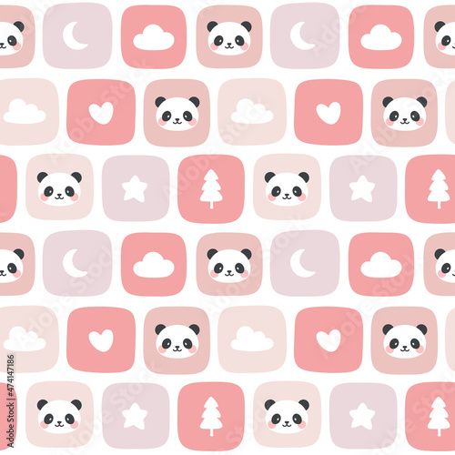 Panda seamless pattern background, animal soft background with star cloud and moon, Scandinavian style baby bedroom