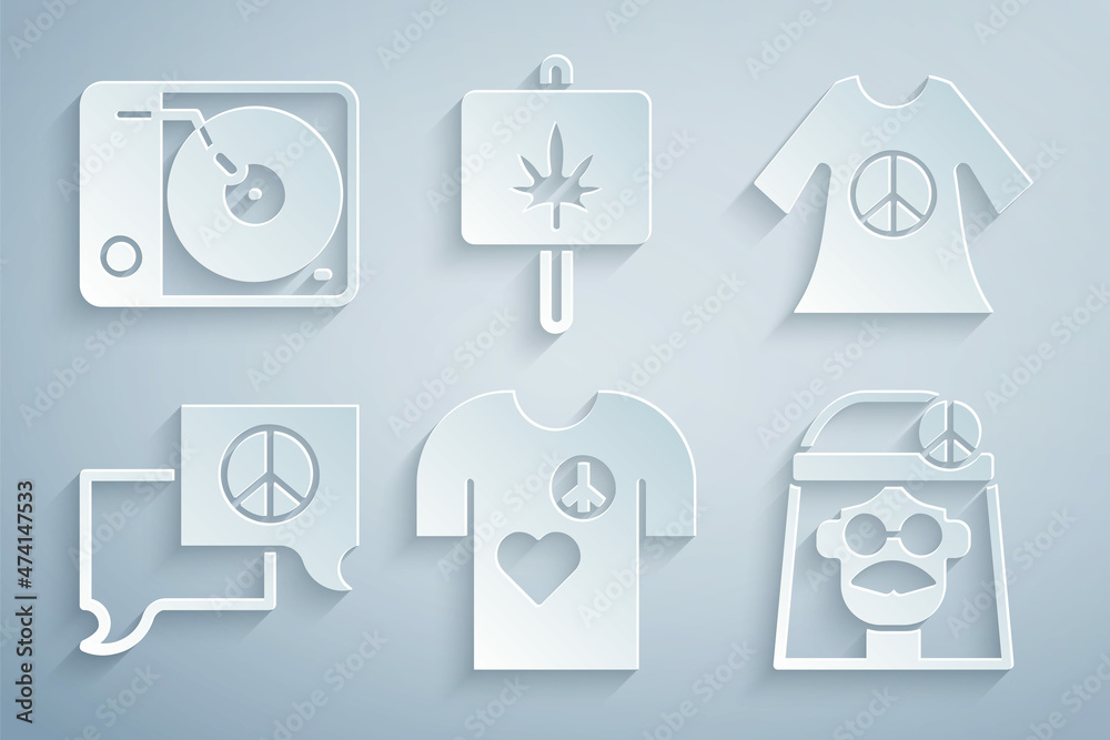 Set Peace t-shirt print stamp, dress, Speech bubble chat, Hippie girl, Marijuana and Vinyl player icon. Vector Set Peace t-shirt print stamp, dress, Speech bubble chat, Hippie girl, Marijuana and Vinyl player icon. Vector