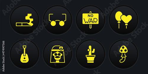 Set Guitar, Balloons, Hippie girl, Cactus, No war, Glasses, Psilocybin mushroom and Cigarette icon. Vector