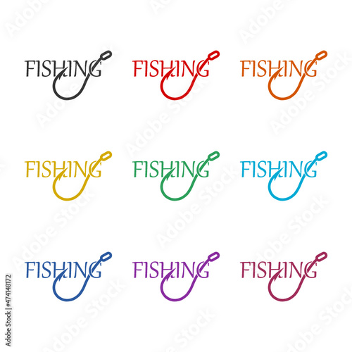 Fishing word icon isolated on white background, color set