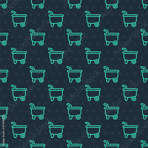 Green line Wheelbarrow icon isolated seamless pattern on blue background. Tool equipment. Agriculture cart wheel farm. Vector