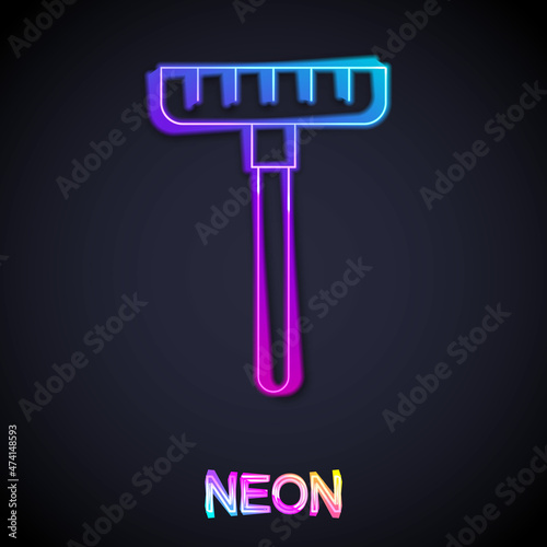 Glowing neon line Garden rake icon isolated on black background. Tool for horticulture, agriculture, farming. Ground cultivator. Housekeeping equipment. Vector