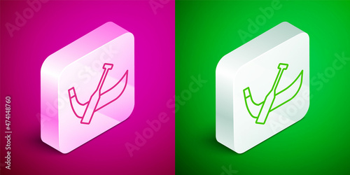 Isometric line Gondola boat italy venice icon isolated on pink and green background. Tourism rowing transport romantic. Silver square button. Vector