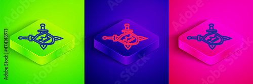 Isometric line Medieval shield with crossed swords icon isolated on green, blue and pink background. Square button. Vector