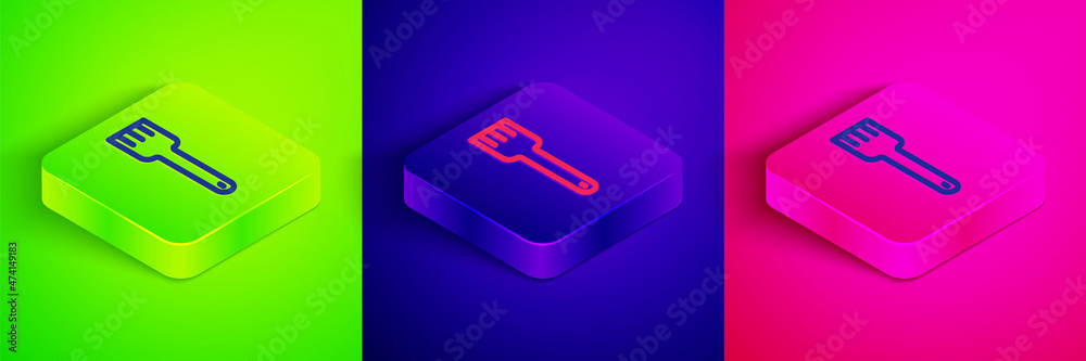 Isometric line Fork icon isolated on green, blue and pink background. Cutlery symbol. Square button. Vector