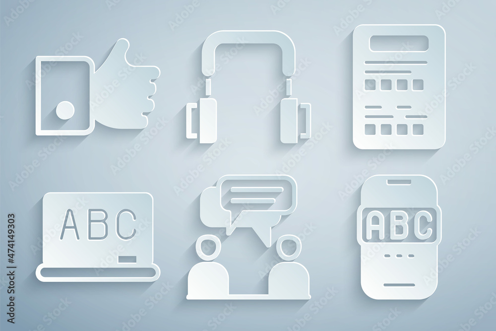 Set Two sitting men talking, Exam sheet, Chalkboard, Foreign language online study, Headphones and Hand like icon. Vector Set Two sitting men talking, Exam sheet, Chalkboard, Foreign language online study, Headphones and Hand like icon. Vector