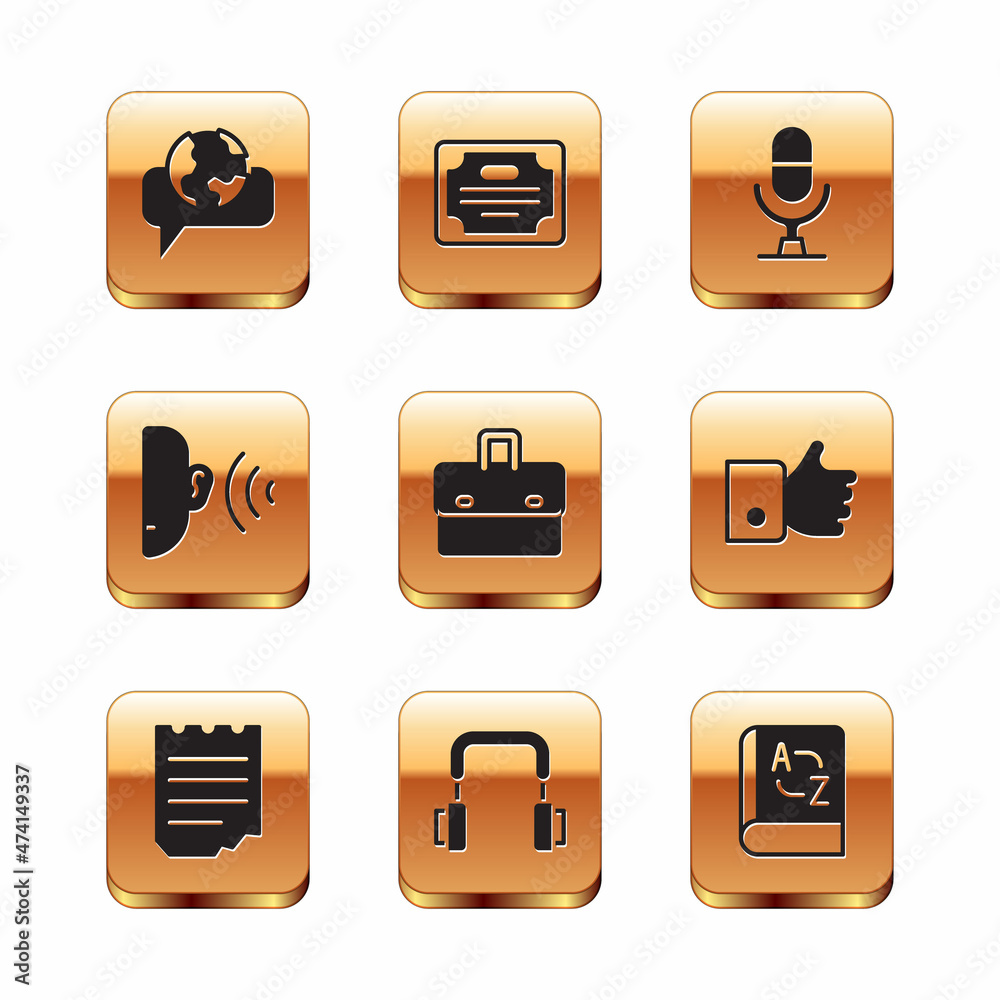 Set Learning foreign languages, Notebook, Headphones, Briefcase, Ear listen sound signal, Microphone voice device, Translator and Certificate template icon. Vector Set Learning foreign languages, Notebook, Headphones, Briefcase, Ear listen sound signal, Microphone voice device, Translator and Certificate template icon. Vector