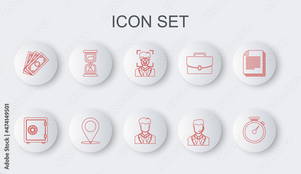 Set line Stopwatch, Safe, Face recognition, Man with headset, Stacks paper money cash, Old hourglass, Map pin and User of man business suit icon. Vector Set line Stopwatch, Safe, Face recognition, Man with headset, Stacks paper money cash, Old hourglass, Map pin and User of man business suit icon. Vector