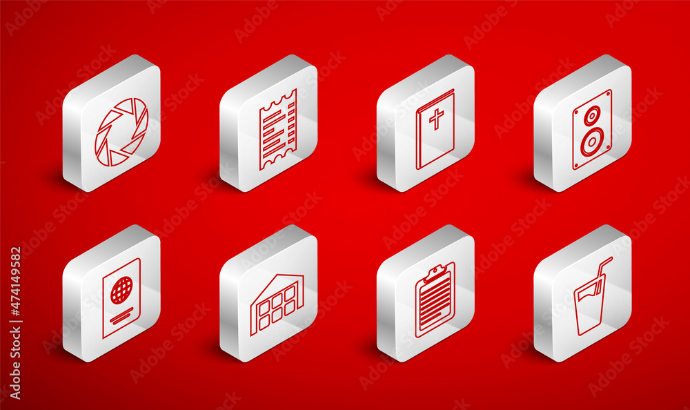 Set line Glass with water, Paper or financial check, Holy bible book, Stereo speaker, Clipboard document, Camera shutter, Warehouse and Passport icon. Vector Set line Glass with water, Paper or financial check, Holy bible book, Stereo speaker, Clipboard document, Camera shutter, Warehouse and Passport icon. Vector