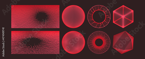 Small particles strive out of center. Sphere, crystal, cube consisting of small particles. Object with dots. Abstract grid design. Vector illustration for science or education.