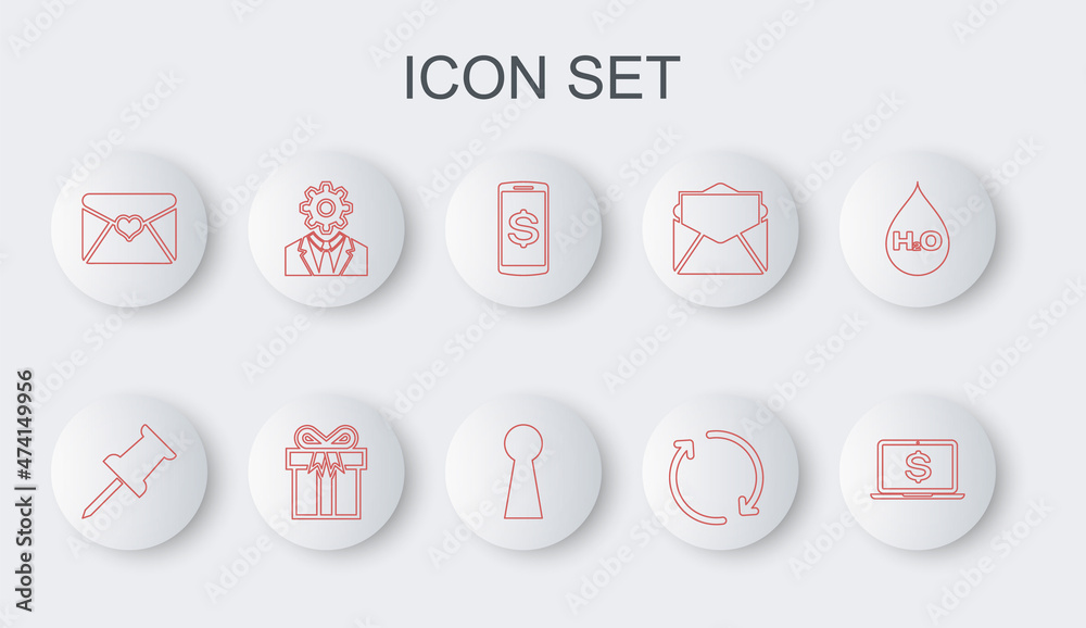 Set line Laptop with dollar, Push pin, Smartphone, Refresh, Envelope Valentine heart, Head gear inside, Gift box and Keyhole icon. Vector Set line Laptop with dollar, Push pin, Smartphone, Refresh, Envelope Valentine heart, Head gear inside, Gift box and Keyhole icon. Vector