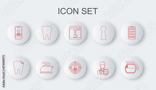 Set line Coffee pot, Broken tooth, machine and cup, User protection, Smartphone with contact, Tooth, Kettle handle and Head hunting icon. Vector