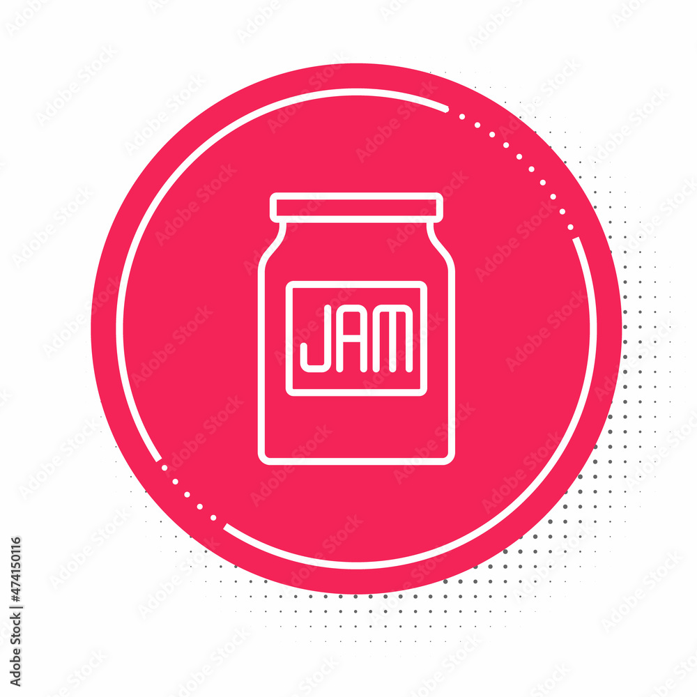 White line Jam jar icon isolated on white background. Red circle button. Vector White line Jam jar icon isolated on white background. Red circle button. Vector