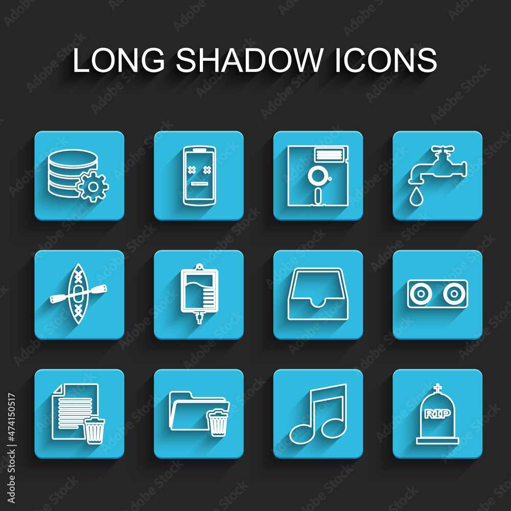 Set line Delete file document, folder, Setting database server, Music note, tone, Tombstone with RIP written, IV bag, Stereo speaker and Social media inbox icon. Vector Set line Delete file document, folder, Setting database server, Music note, tone, Tombstone with RIP written, IV bag, Stereo speaker and Social media inbox icon. Vector