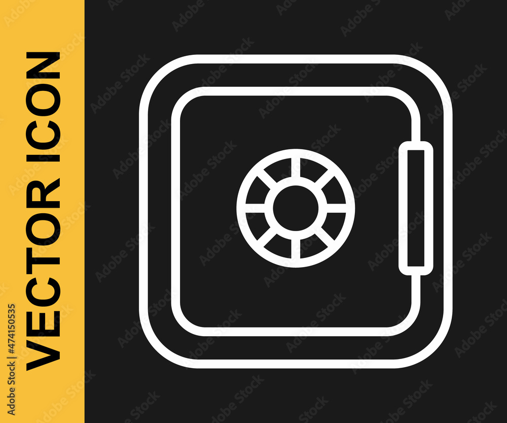 White line Safe icon isolated on black background. The door safe a bank vault with a combination lock. Reliable Data Protection. Vector White line Safe icon isolated on black background. The door safe a bank vault with a combination lock. Reliable Data Protection. Vector