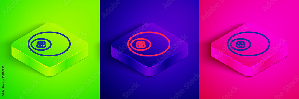 Isometric line Billiard pool snooker ball with number 8 icon isolated on green, blue and pink background. Square button. Vector Isometric line Billiard pool snooker ball with number 8 icon isolated on green, blue and pink background. Square button. Vector